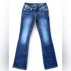 Miss Me Bootcut Jeans 27 Low Rise Dark Wash Bling Feather Pocket Whiskered Denim